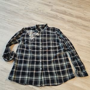 Kim Rogers Blue, White, and Pale Green Plaid Button Up